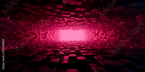 Fototapeta Naklejka Na Ścianę i Meble -  3d abstract pink metal tunnel background from squares and rectangles with light at the end. Futuristic corridor with depth and perspective. 3d rendering illustration.