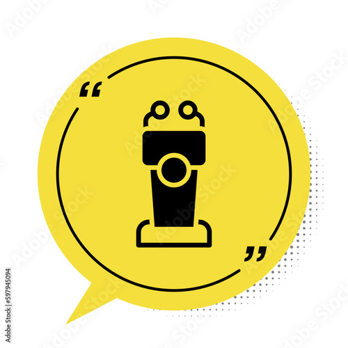 Black Stage stand or debate podium rostrum icon isolated on white background. Conference speech tribune. Yellow speech bubble symbol. Vector