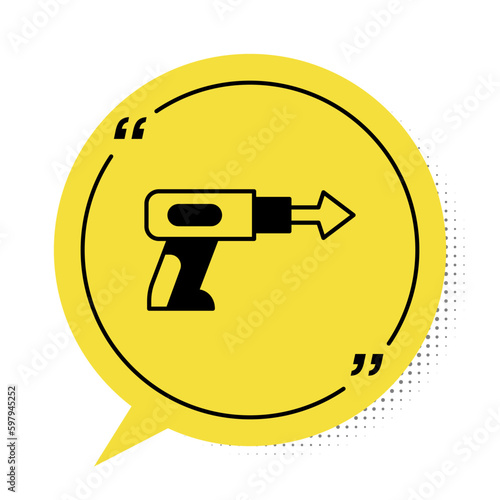 Black Fishing harpoon icon isolated on white background. Fishery manufacturers for catching fish under water. Diving underwater equipment. Yellow speech bubble symbol. Vector