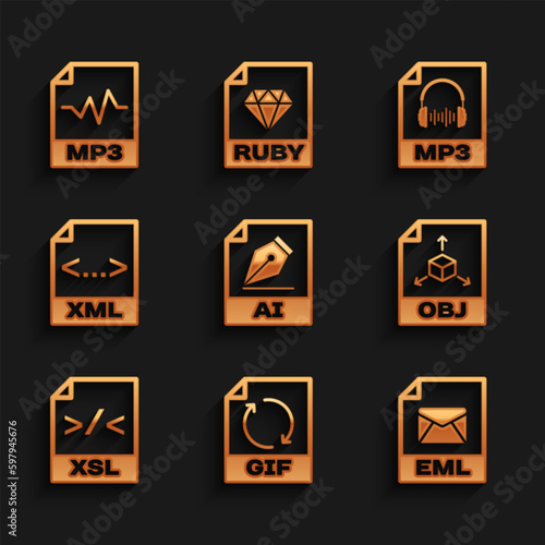Set AI file document, GIF, EML, OBJ, XSL and XML icon. Vector