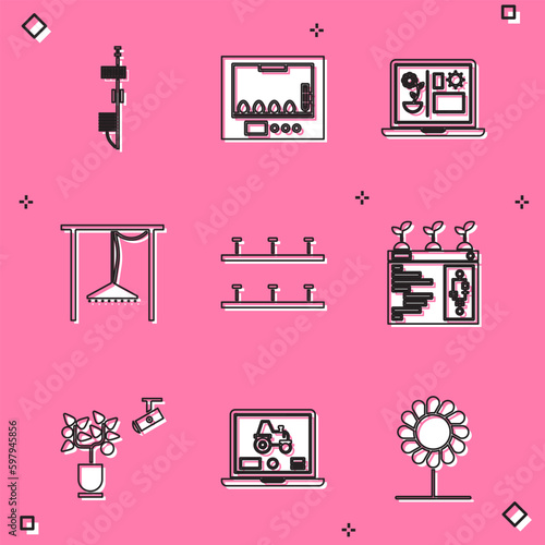 Set Standalone sensor, Incubator for eggs, Smart farming technology, Automatic irrigation sprinklers, and Laptop application smart icon. Vector