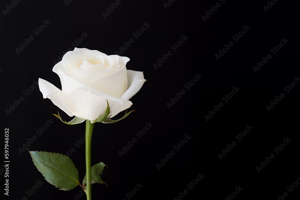 Beautiful white rose on black background with copy space. Created with Generative AI Technology Beautiful white rose on black background with copy space. Created with Generative AI Technology