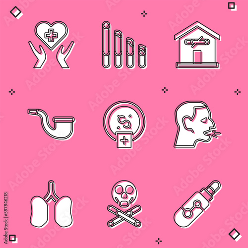 Set Heart with cross, Smoking cigarette, No smoking at home, pipe, Stop smoking, money saving, Man coughing, Lungs and Bones and skull icon. Vector