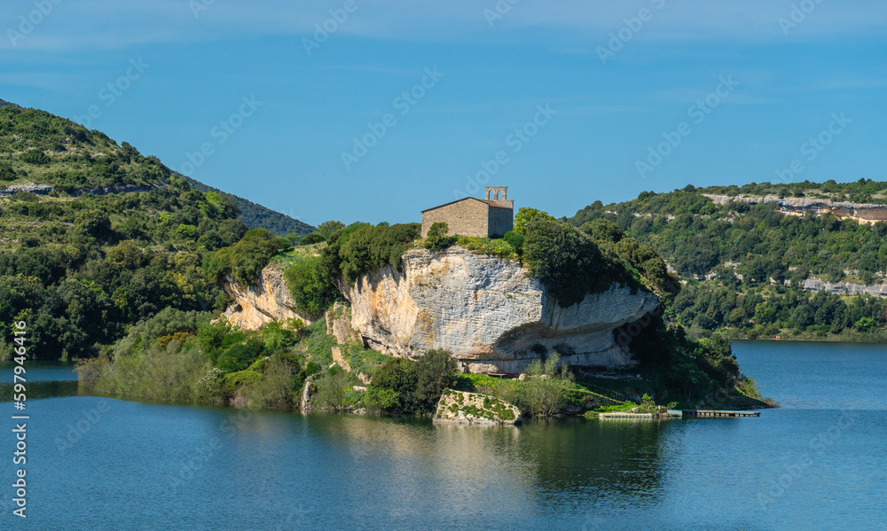 church of san sebastiano ad isili in central sardinia built on a small island in the homonymous lake
