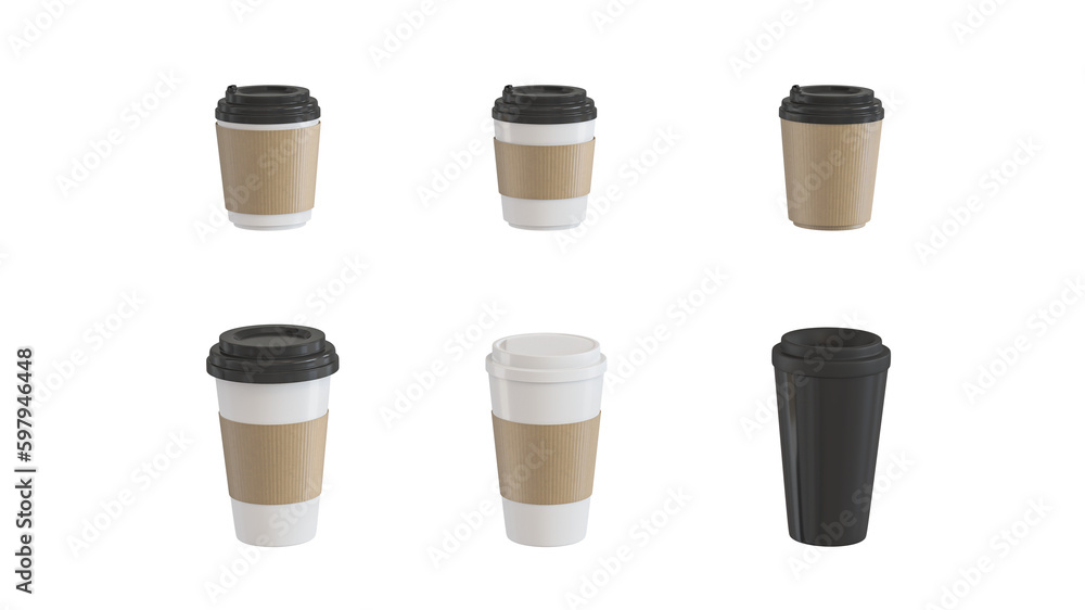 Coffee cup icons various shapes white and black There is a glass cover and a lid. 3D Rendering Coffee cup icons various shapes white and black There is a glass cover and a lid. 3D Rendering