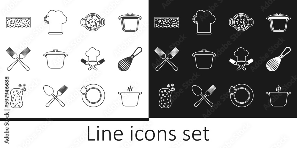 Set line Cooking pot, Kitchen whisk, soup, Crossed fork, Sponge with bubbles, Chef hat and and icon. Vector