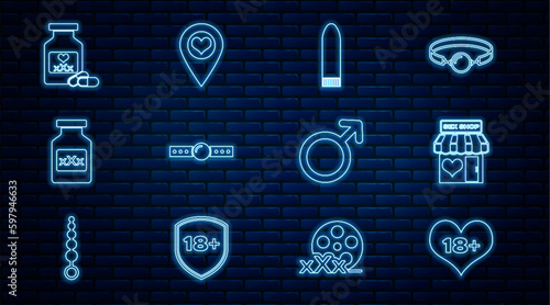 Set line 18 plus content heart, Sex shop building, Dildo vibrator, Silicone ball gag, Bottle with pills for potency, Male gender symbol and Location icon. Vector