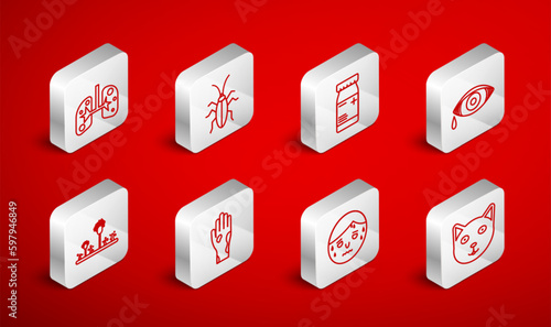 Set line Pet, Cockroach, Medicine bottle and pills, Reddish eye allergic conjunctivitis, Man with excessive sweating, Lungs, Hand psoriasis or eczema and Mold icon. Vector