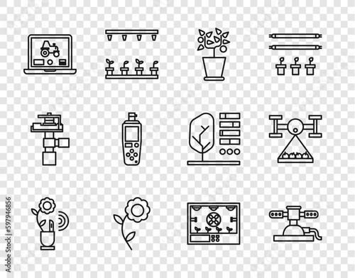 Set line Smart farming technology, Automatic irrigation sprinklers, Plant pot, Flower, Laptop application for smart, Portable sensor, and with drone icon. Vector