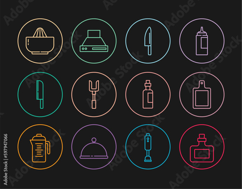 Set line Sauce bottle, Cutting board, Knife, Barbecue fork, Citrus fruit juicer, Bottle of olive oil and Kitchen extractor fan icon. Vector