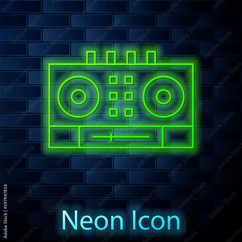 Glowing neon line DJ remote for playing and mixing music icon isolated on brick wall background. DJ mixer complete with vinyl player and remote control. Vector Glowing neon line DJ remote for playing and mixing music icon isolated on brick wall background. DJ mixer complete with vinyl player and remote control. Vector