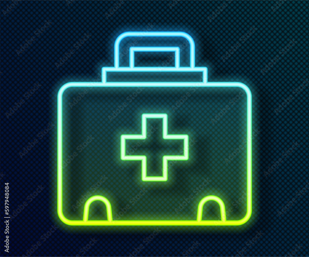 Glowing neon line First aid kit icon isolated on black background. Medical box with cross. Medical equipment for emergency. Healthcare concept. Vector Glowing neon line First aid kit icon isolated on black background. Medical box with cross. Medical equipment for emergency. Healthcare concept. Vector
