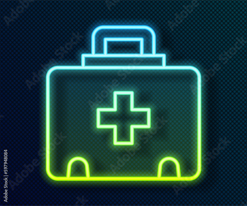 Glowing neon line First aid kit icon isolated on black background. Medical box with cross. Medical equipment for emergency. Healthcare concept. Vector