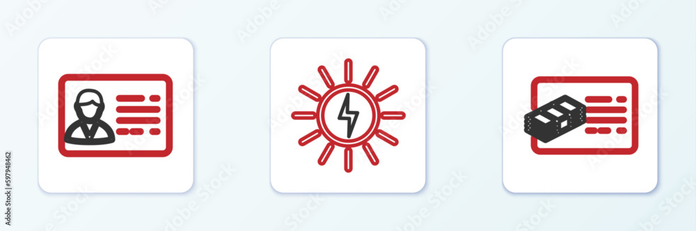 Set line Financial document, Identification badge and Solar energy panel icon. Vector Set line Financial document, Identification badge and Solar energy panel icon. Vector