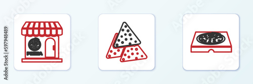 Set line Pizza in cardboard box, Pizzeria building facade and Nachos icon. Vector