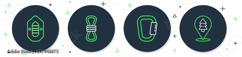 Set line Climber rope, Carabiner, Rafting boat and Location of the forest icon. Vector