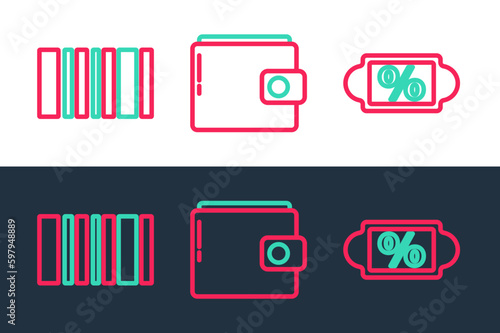 Set line Discount percent tag, Barcode and Wallet icon. Vector