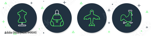Set line Handbag, Plane, Mannequin and Rooster weather vane icon. Vector