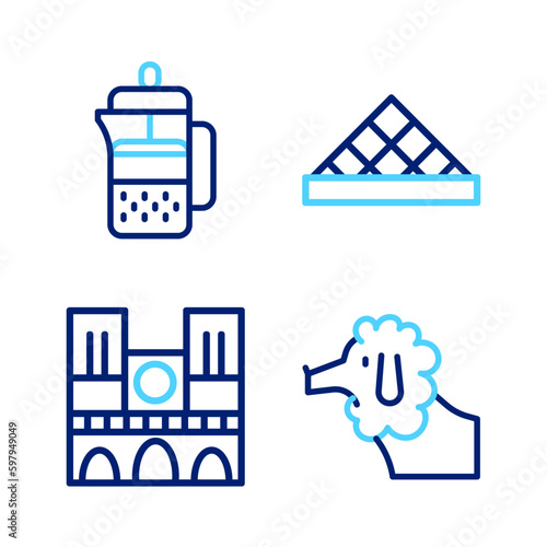 Set line Poodle dog, Notre Dame, Louvre museum and French press icon. Vector