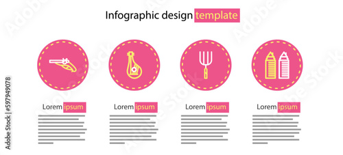Set line Garden pitchfork, Two towers in Dnipro, Bandura and Vintage pistols icon. Vector
