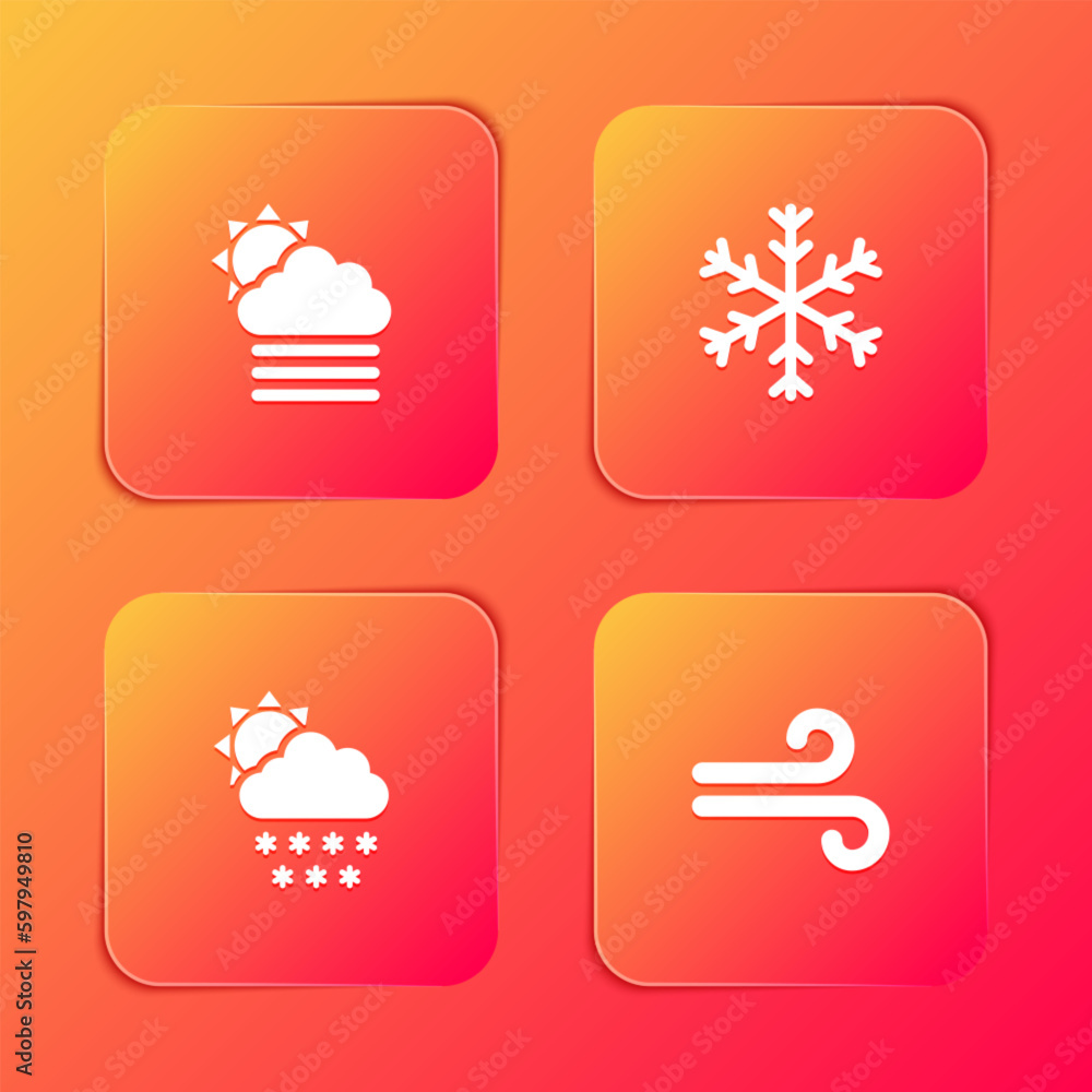 Set Fog and cloud with sun, Snowflake, Cloud snow and Wind icon. Vector