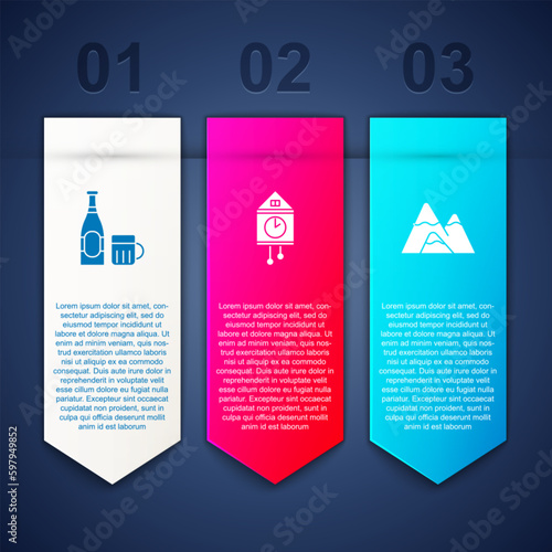 Set Beer bottle and glass, Retro wall watch and Mountains. Business infographic template. Vector