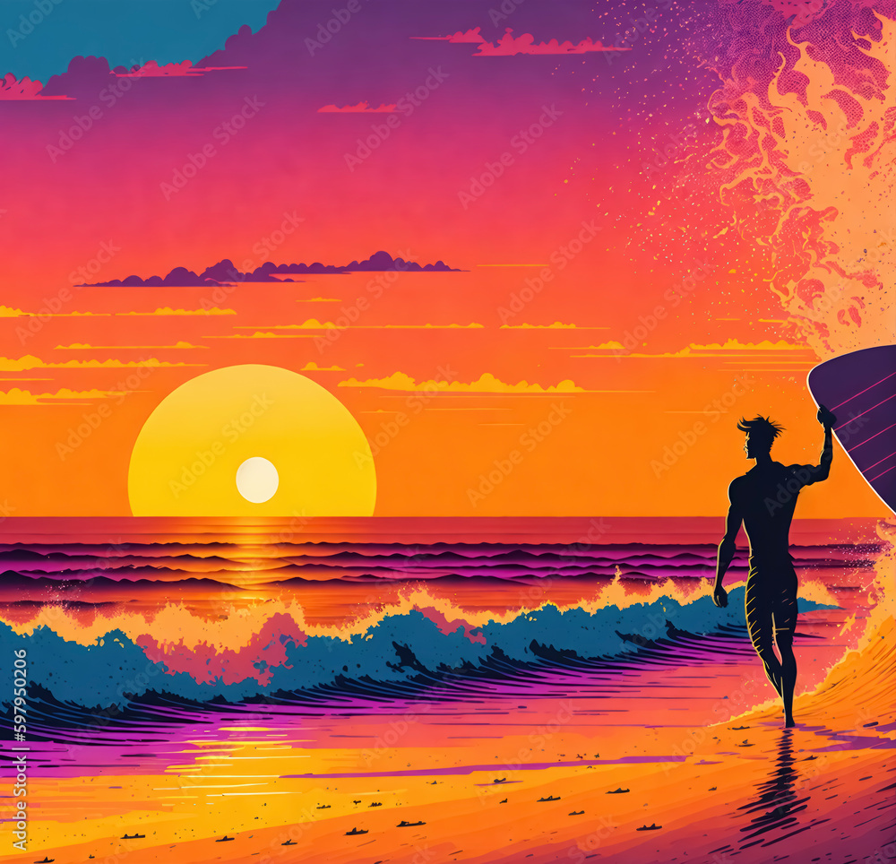 Surfer silhouette on the beach at sunset with soft waves, generative AI
