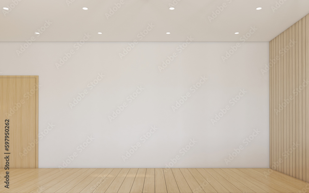 Empty room decorated with white wall and wood slat wall, wood door and wood floor. 3d rendering Empty room decorated with white wall and wood slat wall, wood door and wood floor. 3d rendering
