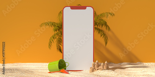 Blank online Smartphone mockup application screen on beach sand and cute objects design, summer booking app. Yellow background, copy space, clipping path. 3d render shopping, vacation, sale template