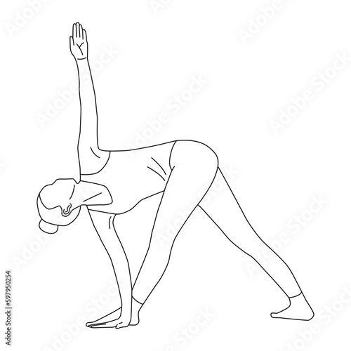 Line art of woman doing Yoga in revolved triangle pose vector.