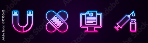 Set line Magnet, Crossed bandage plaster, Clinical record on monitor and Medical syringe vial. Glowing neon icon. Vector
