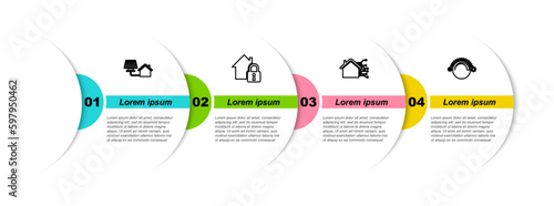 Set line House with solar panel, under protection, Smart home and Thermostat. Business infographic template. Vector