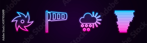 Set line Tornado, Cone meteorology windsock wind vane, Cloudy with snow and . Glowing neon icon. Vector