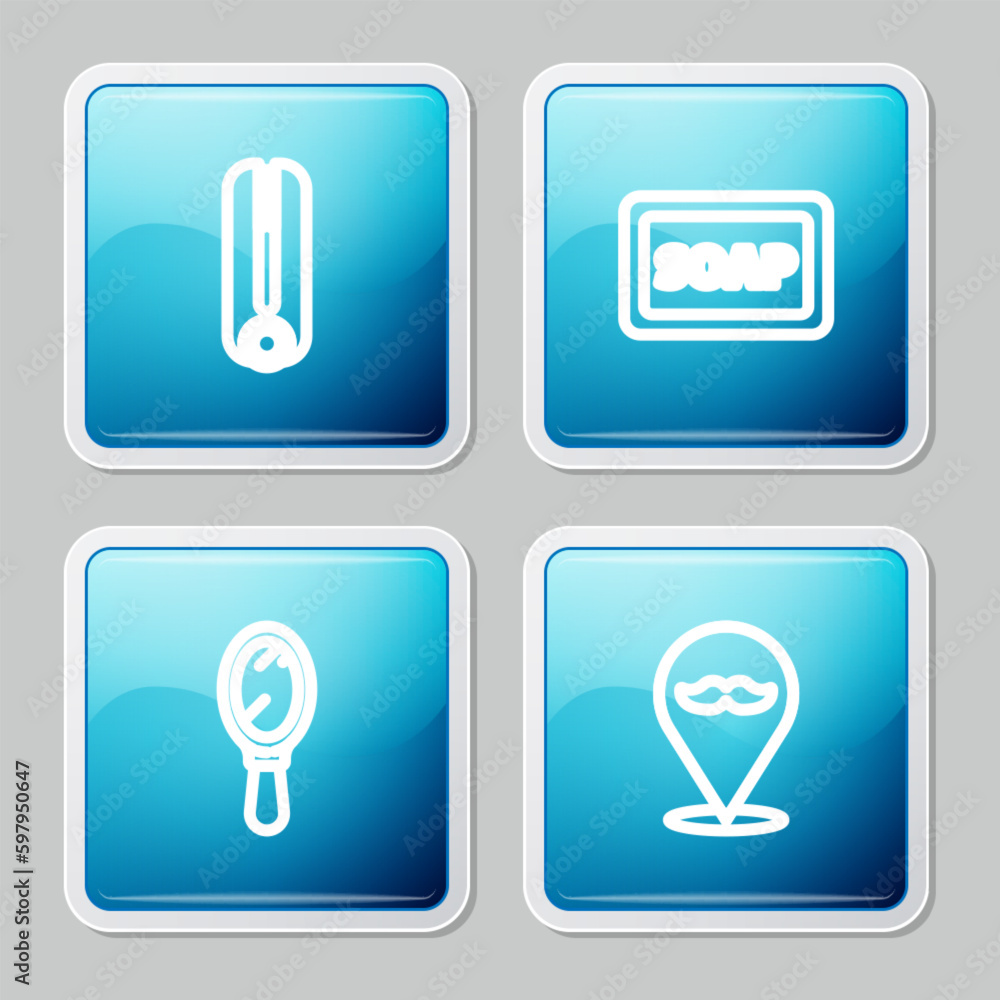 Set line Curling iron for hair, Bar of soap with foam, Hand mirror and Barbershop icon. Vector Set line Curling iron for hair, Bar of soap with foam, Hand mirror and Barbershop icon. Vector