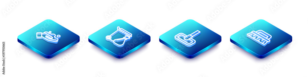 Set Isometric line Washing hands with soap, Trash can garbage bag, Mop and Brush for cleaning icon. Vector Set Isometric line Washing hands with soap, Trash can garbage bag, Mop and Brush for cleaning icon. Vector