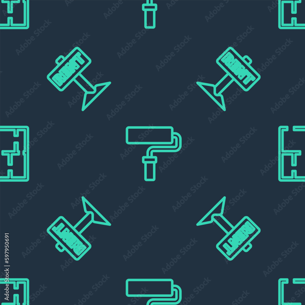 Set line Paint roller brush, Hanging sign with Rent and House plan on seamless pattern. Vector Set line Paint roller brush, Hanging sign with Rent and House plan on seamless pattern. Vector