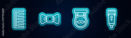 Set line Hairbrush, Bow tie, Barbershop and Electrical hair clipper or shaver. Glowing neon icon. Vector