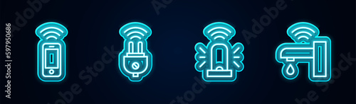 Set line Wireless smartphone, Smart electric plug, flasher siren and water tap. Glowing neon icon. Vector