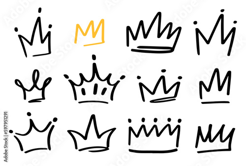 Various doodle crowns. Hand drawn vector set. All elements are isolated