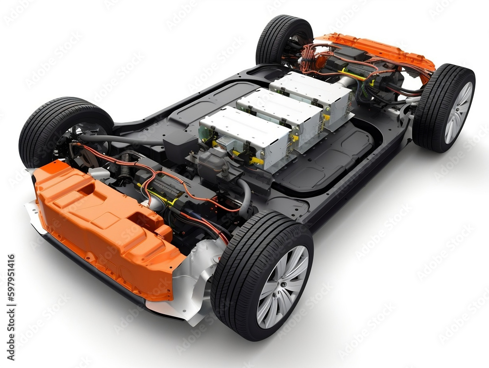Naklejka premium Electric vehicle battery structure with chassis and power system layout