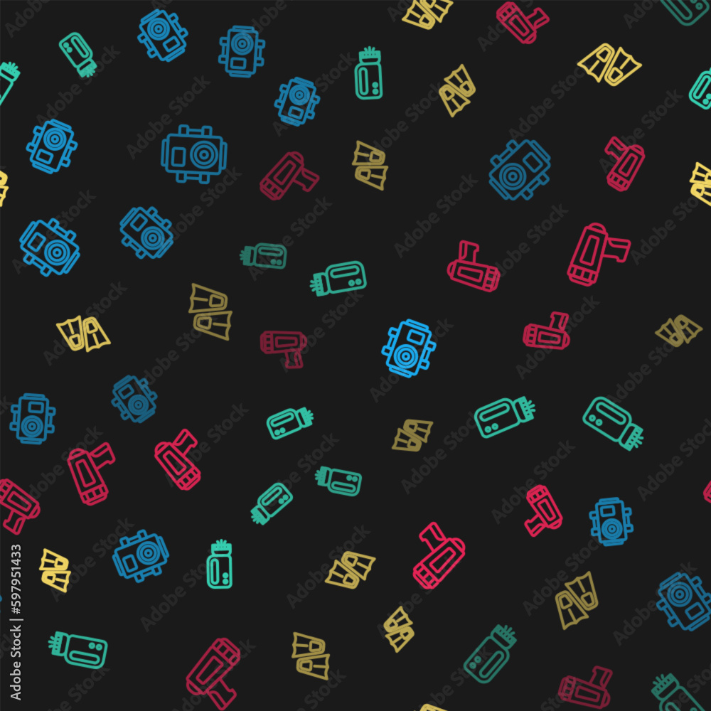 Set line Photo camera for diver, Flashlight, Flippers swimming and on seamless pattern. Vector Set line Photo camera for diver, Flashlight, Flippers swimming and on seamless pattern. Vector
