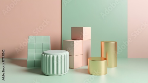 3d style with pastel green background pink green gold geometric shapes. Abstract still life scene. Podium template. Generative AI.