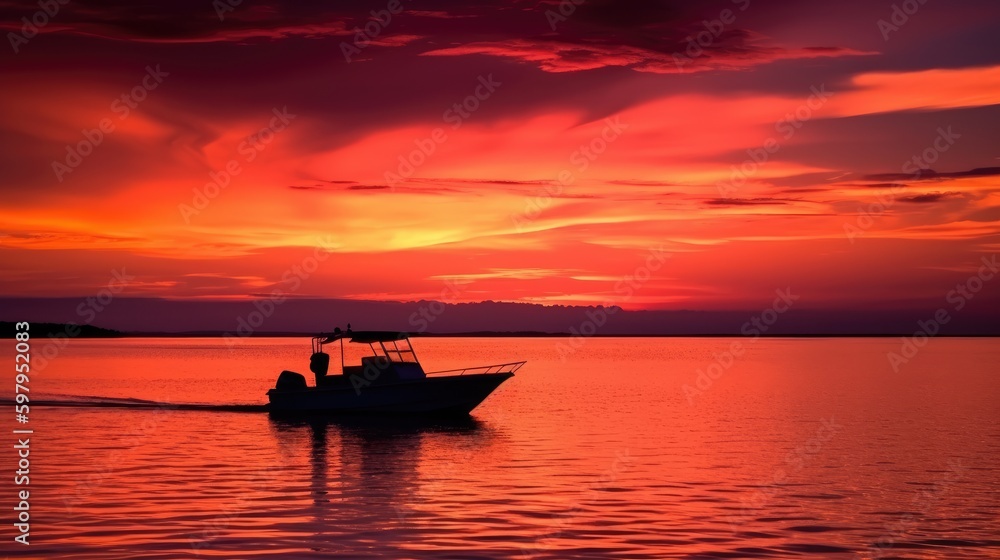 boat sihouette, on the water, red sky generative ai