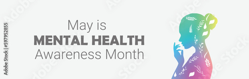 Mental Health Awareness Month design banner. It features a silhouette of a woman masked with rainbow gradient color. Vector illustration