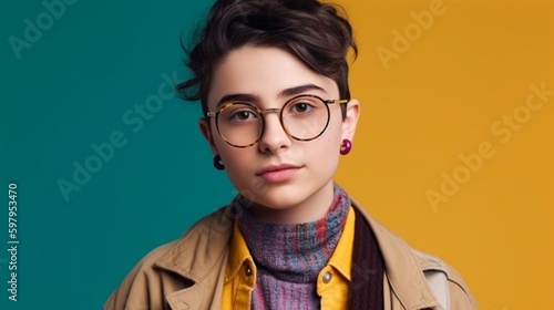Non-binary adult teenager younger on color background. Generative ai.