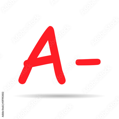 Grade result A minus with shadow. Hand drawn icon in red color. Test exam mark report vector illustration