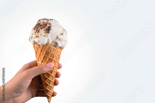 Hand holding delicious cookies and cream ice cream in a crispy waffle cone with copy space. Created with Generative AI Technology
