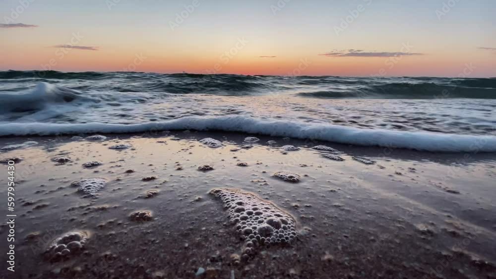 sea at sunset, waves on the screen. Relax, rest, tourist trip, meditation, sand, beach, heat. in slow motion. High quality 4k footage Generative AI sea at sunset, waves on the screen. Relax, rest, tourist trip, meditation, sand, beach, heat. in slow motion. High quality 4k footage Generative AI