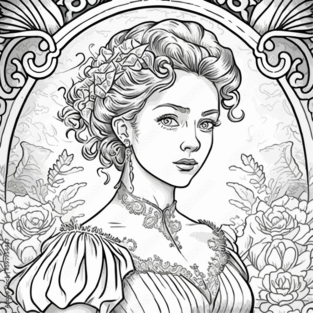 Vintage portrait queen vector coloring book black and white for adults isolated line art on