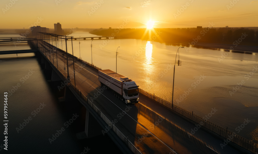 Automobile wagon moving by the highway going through the bridge. Lonely commercial vehicle crossing the city at dawn. Top view. Generative AI.